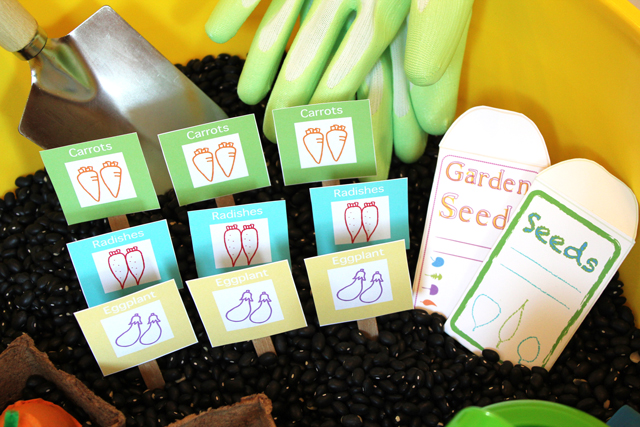 Vegetable garden sensory box with FREE PRINTABLES - a great way to teach kids about gardening.