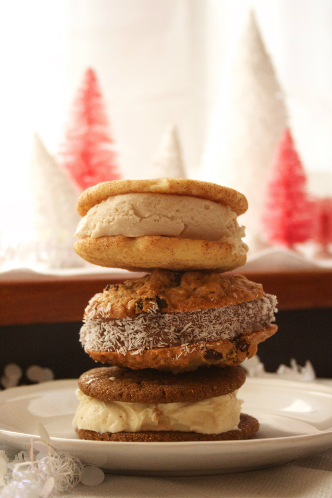 Start a new holiday party tradition: an ice cream sandwich bar in festive flavors - love the cookie recipes and ice cream flavor suggestions here.