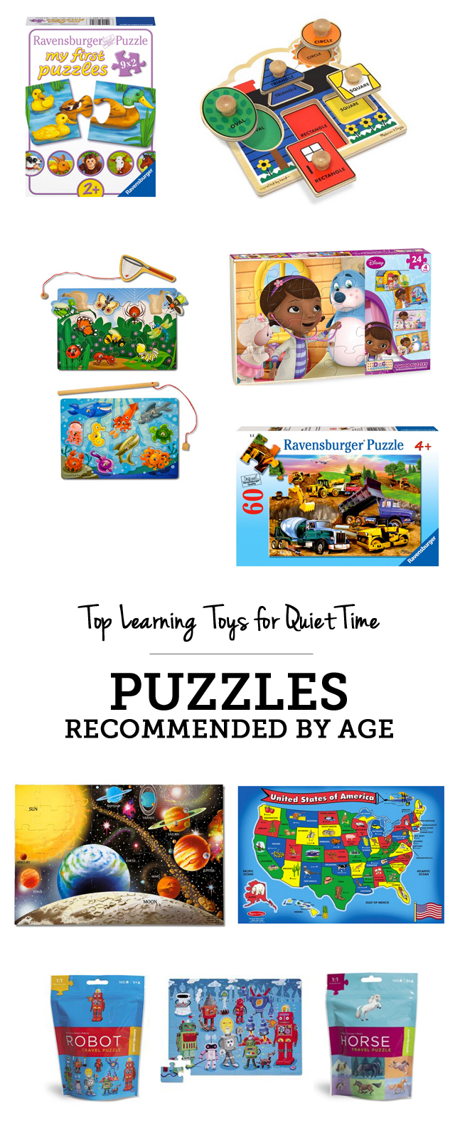 Top learning toys for quiet time: puzzles recommended by age - love this entire gift guide!
