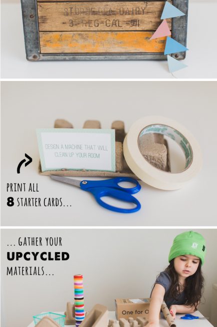 Upcycled Inventor's box - awesome activity for teaching kids about recycling and creativity. Be sure to get the free printable idea cards!