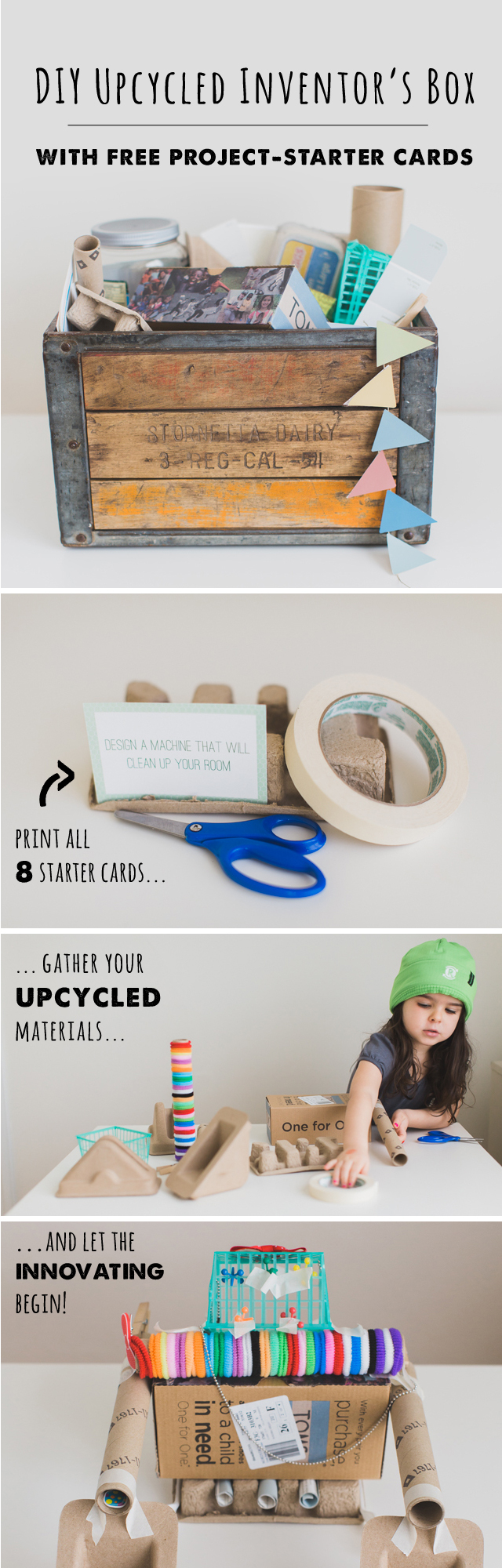 Upcycled Inventor's box - awesome activity for teaching kids about recycling and creativity. Be sure to get the free printable idea cards!
