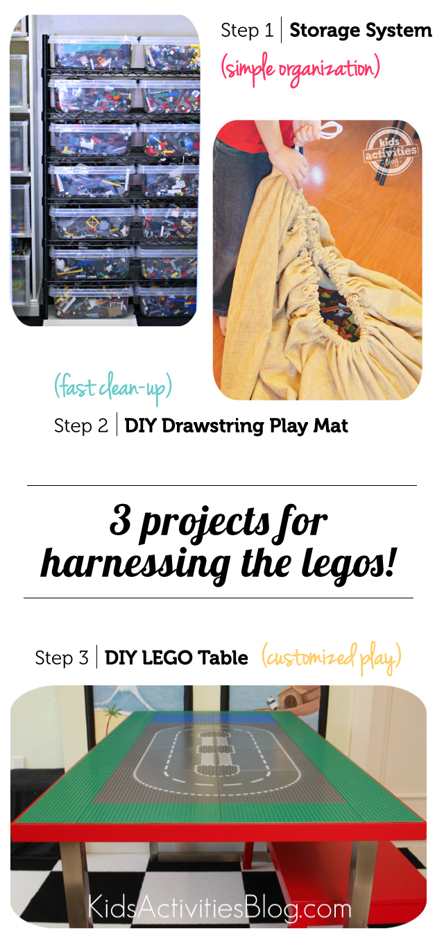Love all three of these projects for organizing LEGOS, especially the DIY drawstring play mat!
