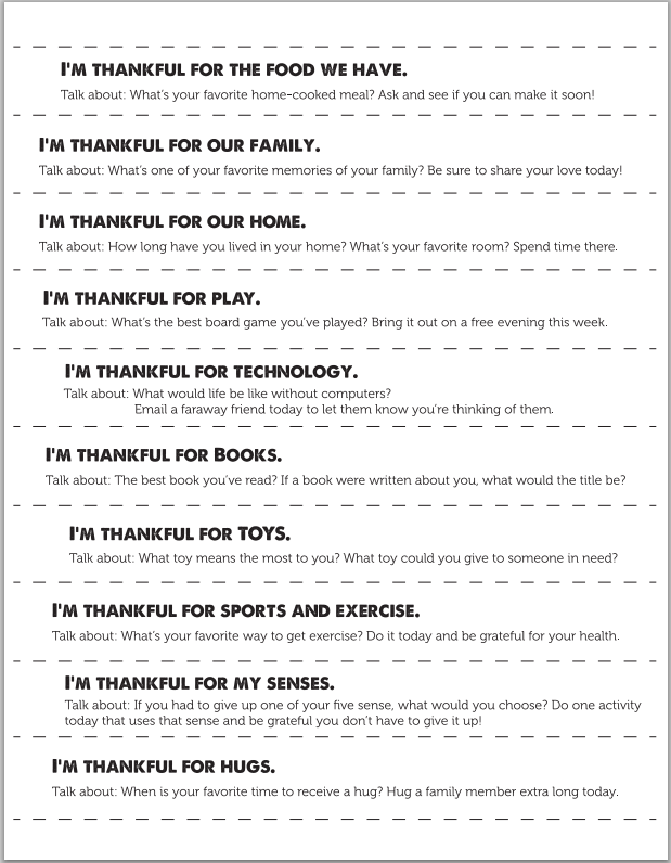 Printable conversation starters to discuss what your family is grateful for.. One for each day in November until Thanksgiving - such an easy way to get into the spirit of the holiday!