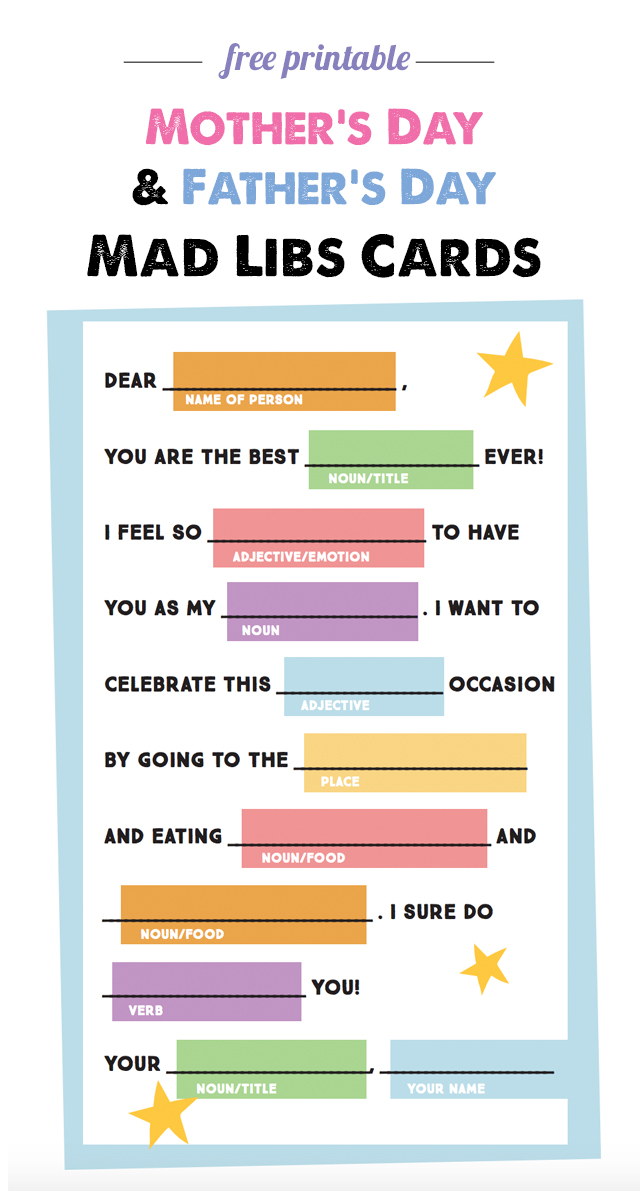 Free Mad Libs Card printable - great for Mother's Day, Father's Day, Teacher Appreciation and anything else your kids want to celebrate in a silly and fun way!