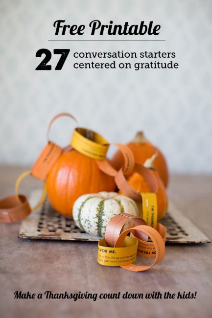 Free Printable Conversation Starters for Families: All About Gratitude- we printed these and made a countdown chain as the post suggested. Such a great way to easily incorporate thankfulness into our day this time of year AND get the kids talking to me!