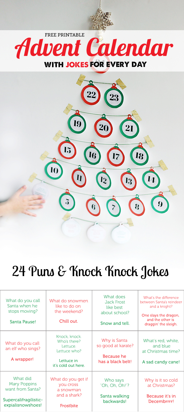 Free printable Christmas joke Advent Calendar - my kids will love this and it'll be so easy to keep up with - score!