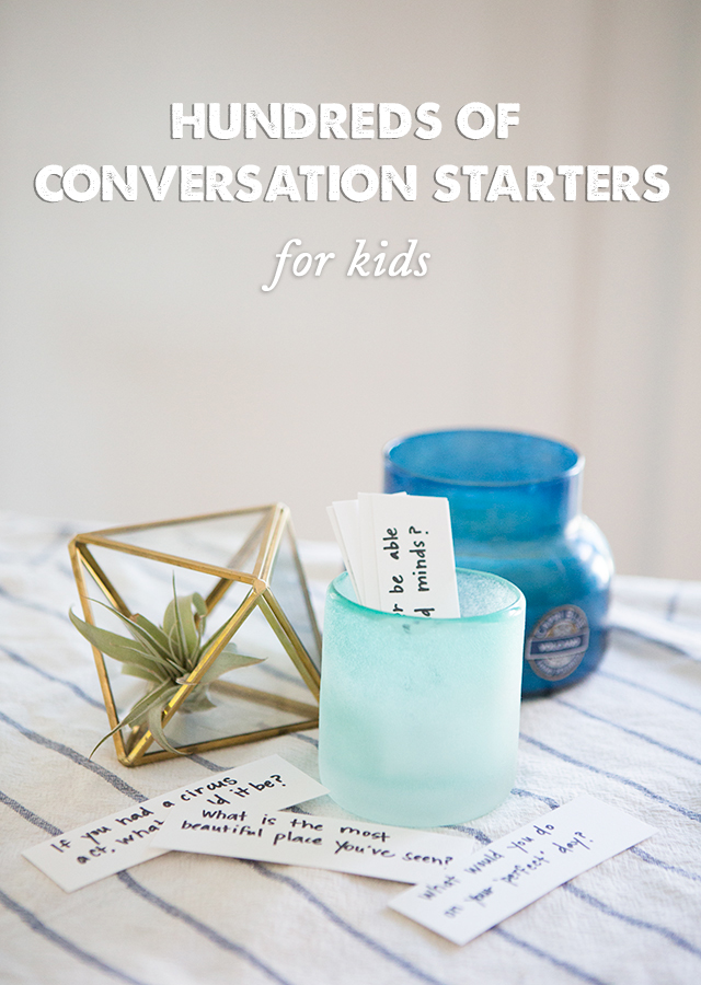 Hundreds of dinner conversation starters for kids- tons and tons of printable conversation starters to get the kids talking at dinner time. We started using these every night!